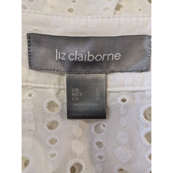 Liz Claiborne White Eyelet Blouse Womens Large Cotton Romantic Cottagecore - Picture 6 of 7